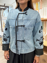 Mandarin Neck & Embroidered Sleeves Denim Jacket