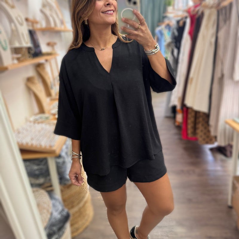 Black V-Neck Top & Shorts Set