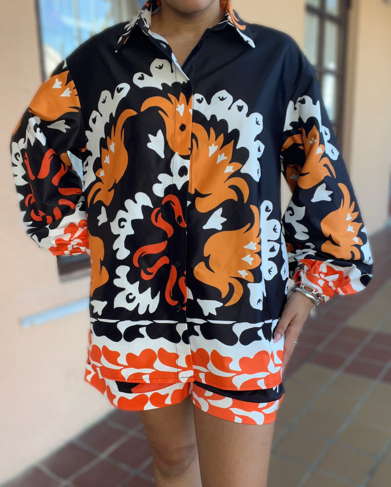 Black Print Top & Shorts Set