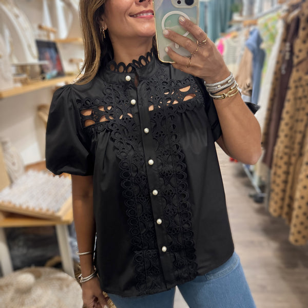 Black Lace & Pearl Button Top