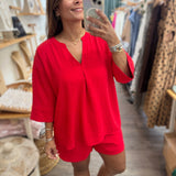Red V-Neck Top & Shorts Set