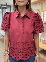 Merlot Eyelet & Scalloped Detail Top