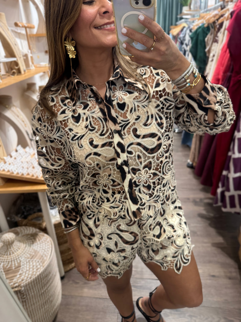 Leopard Print & Lace Top & Shorts Set