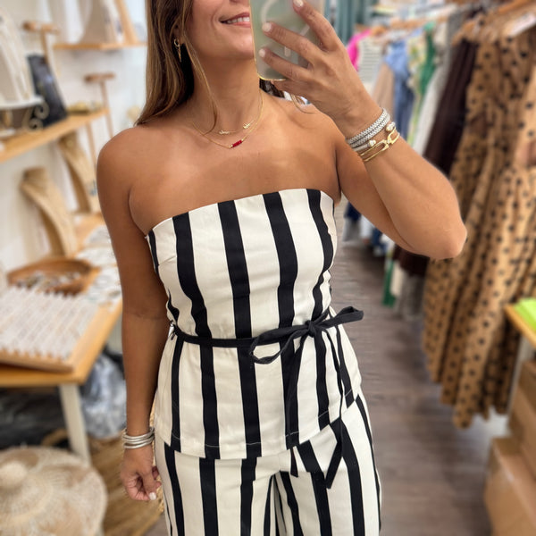 Black & White Stripes Strapless Top & Pant Set