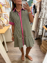Olive & Pink Stripes Shirt Dress