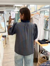 Navy Gingham Print Top