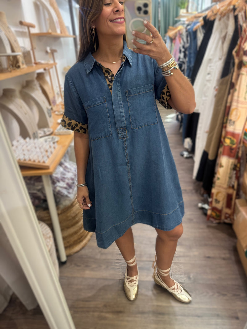 Denim & Leopard Detail Dress