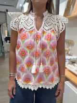 Colorful Print & Eyelet Top
