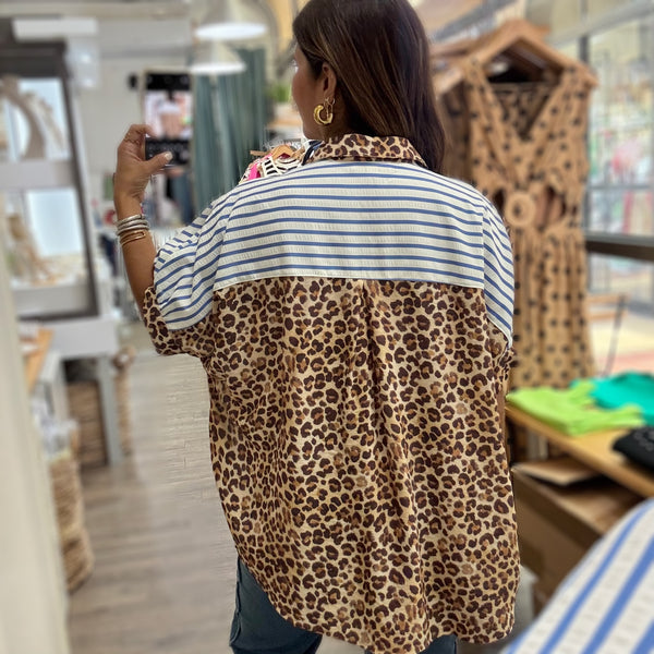 Blue Stripes & Animal Print Top