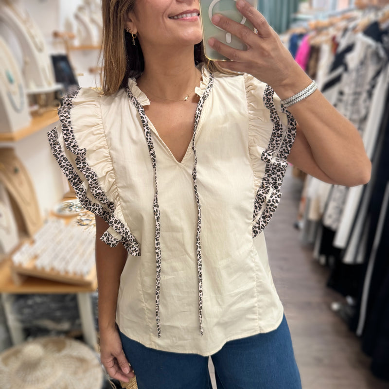 Ivory Trim Detail Ruffled Sleeves Top