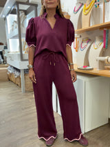 Merlot Scalloped Hem Top & Pants Set