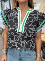 Black Print Ruffled Sleeves  Top