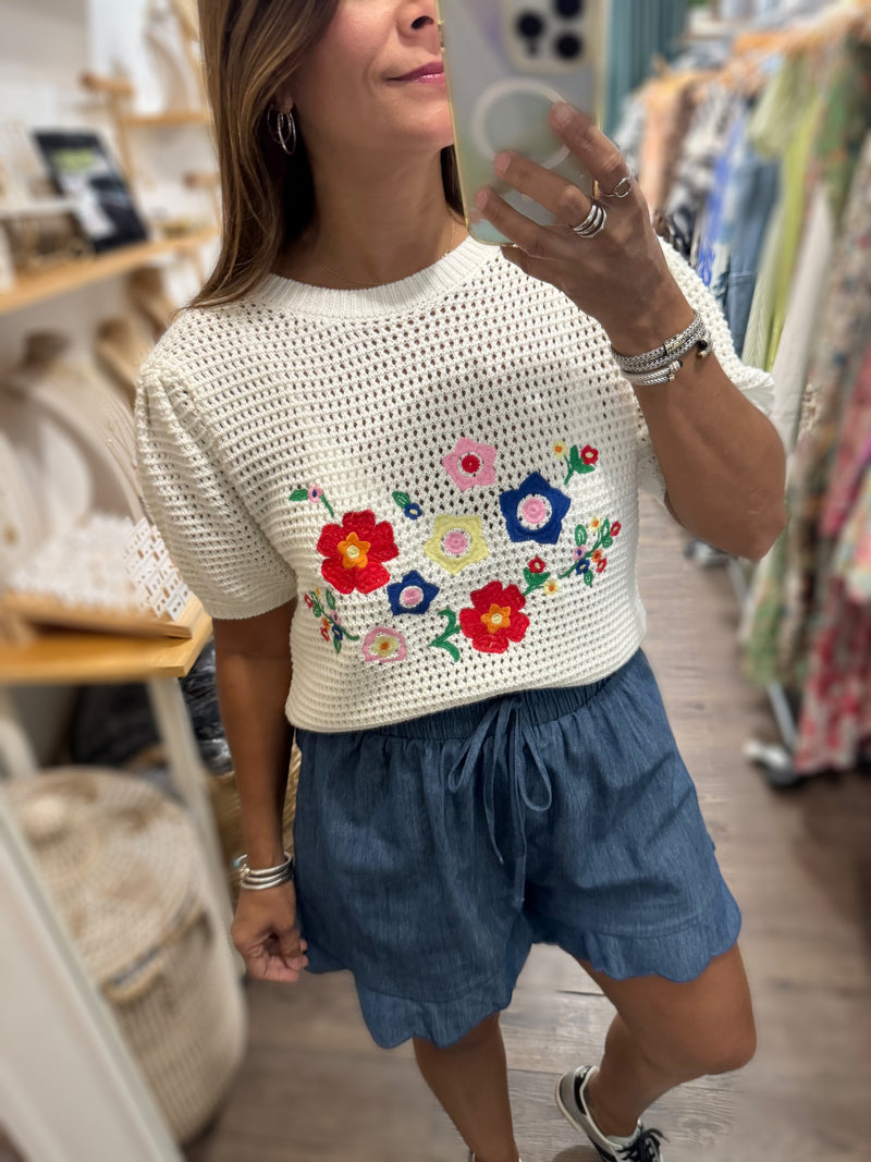 Denim Scalloped Hem Shorts