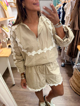 Beige Trim Detail Jacket & Shorts Set