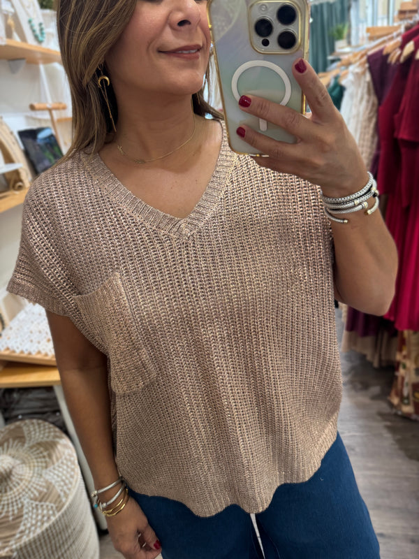 Gold V-Neck Knitted Top