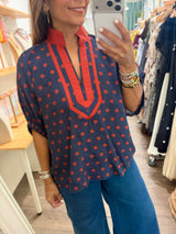 Navy & Brick Polka Dots Top