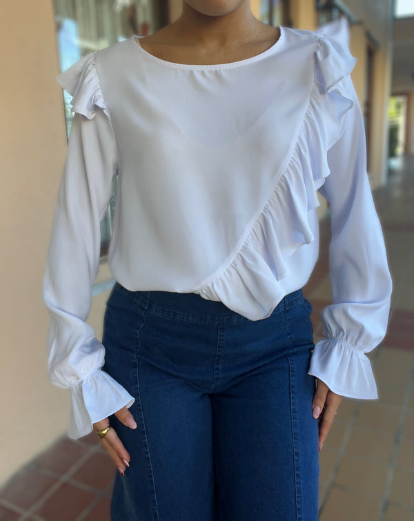 White Front Ruffle Top