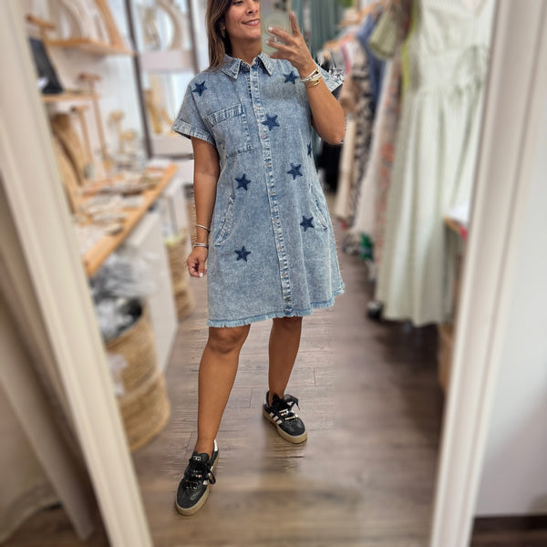 Stars Denim Button Down Dress