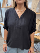 Black Braided V-Neck Top