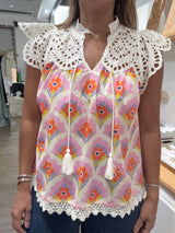 Colorful Print & Eyelet Top