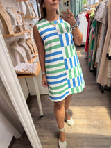 Blue & Green Geometric Print Dress