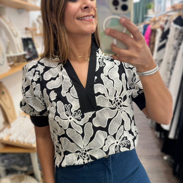 Black & White Flower Embroidered Top