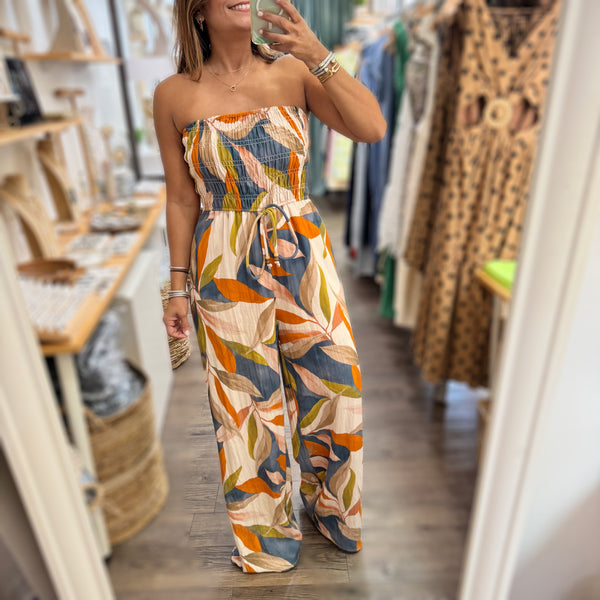 Leaves Print Strapless Jumpsuit