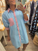 Blue & Red Contrast Shirt Dress
