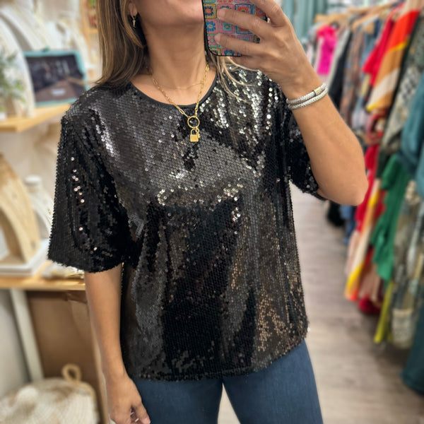 Black Sequin T-Shirt Top