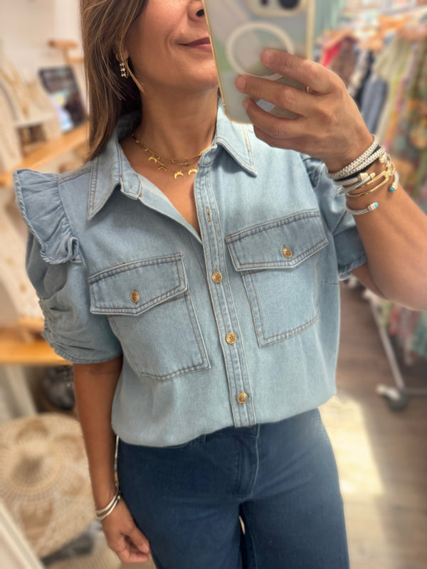 Denim Ruffled Sleeves Top