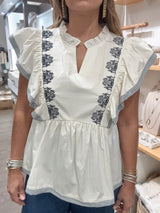 Ivory & Blue Embroidery Top