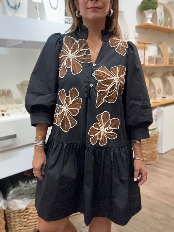 Black Embroidered Flowers Dress