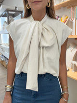 Oatmeal Thin Stripes Neck Detail Top