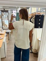 Oatmeal Thin Stripes Neck Detail Top