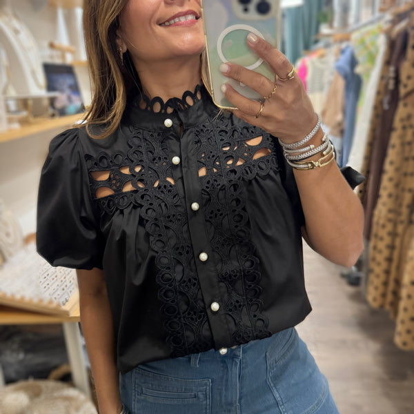 Black Lace & Pearl Button Top