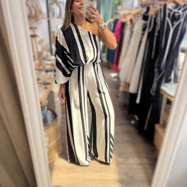 Black Stripes One Shoulder Jumpsuit