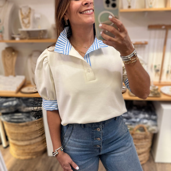 Ivory & Blue Stripes Neck Top