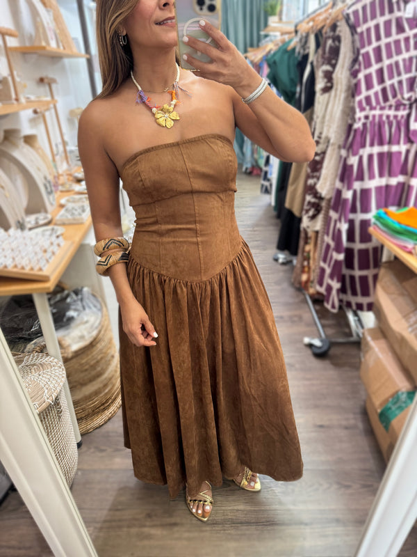 Caramel Faux Suede Strapless Dress