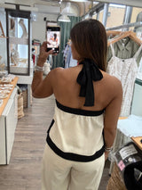 Beige & Black Halter Top & Pants Set