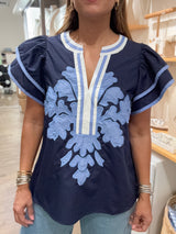 Blue Ruffle Sleeves Top