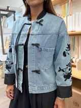 Mandarin Neck & Embroidered Sleeves Denim Jacket