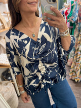 Navy Print Drawstring Top