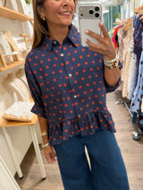Navy Polka Dots Button Down Top