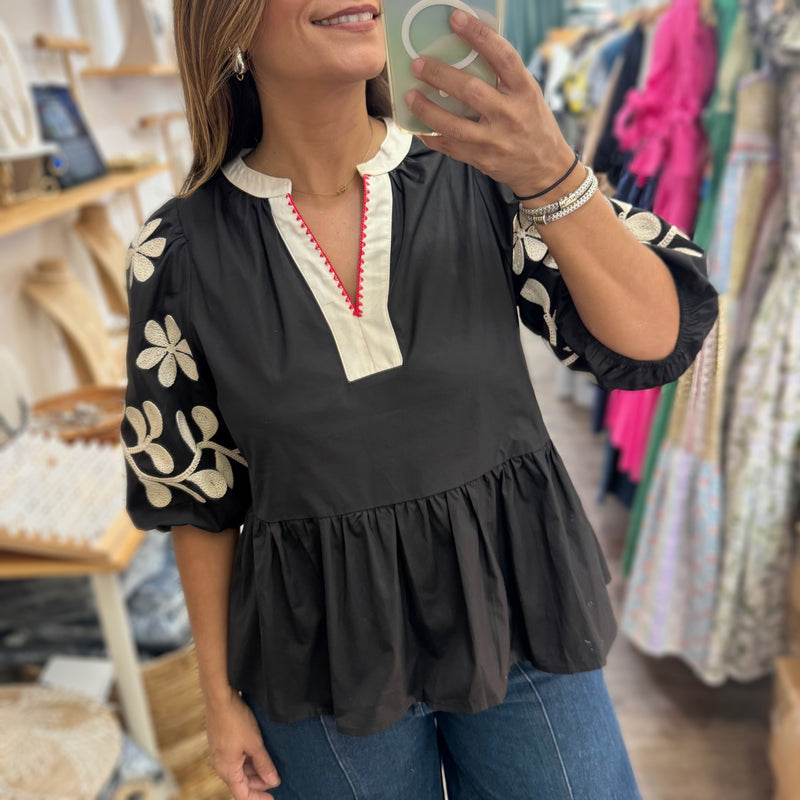 Black Embroidered Sleeves Top