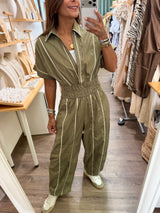 Olive Smocked Waist Barrel Jumpsuit