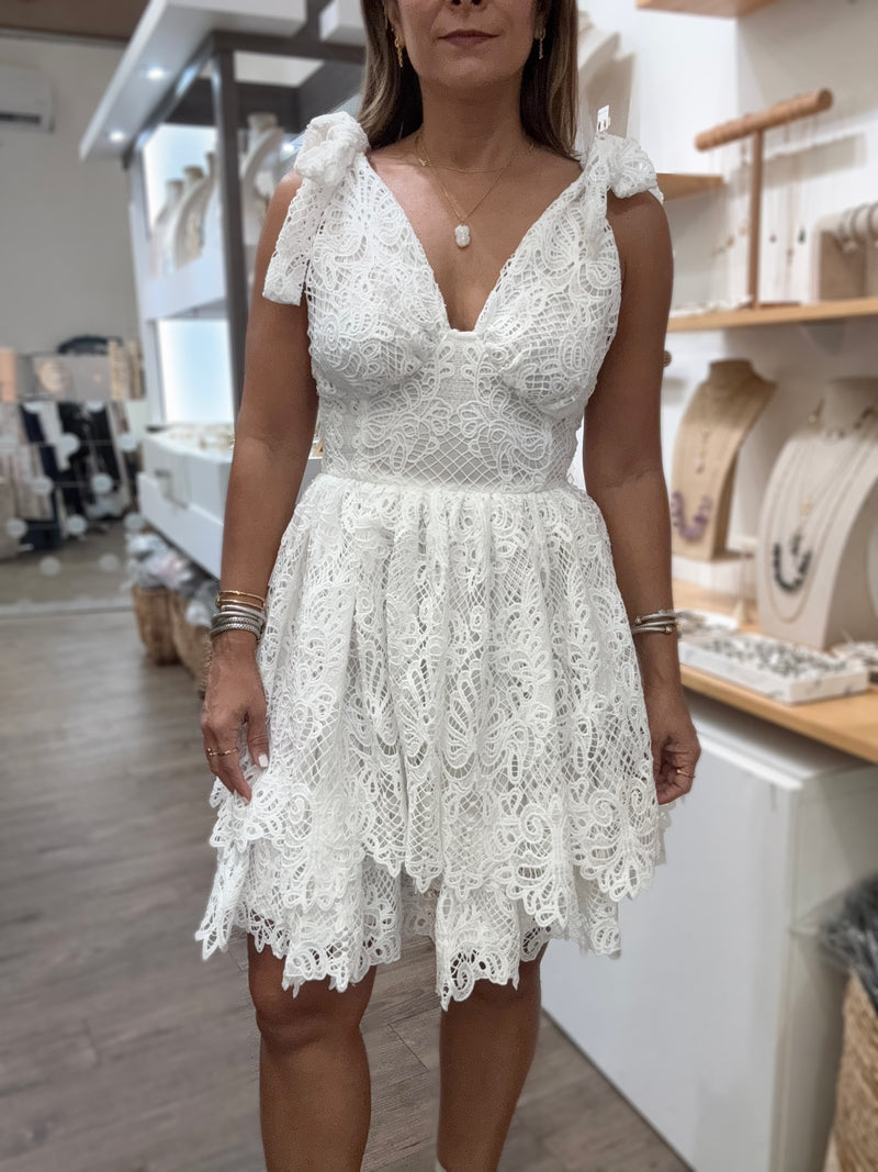 White Lace Shoulder Ties Dress