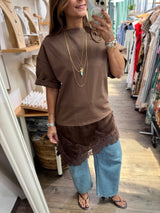 Chocolate Lace Asymmetrical Detail Top