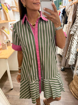Olive & Pink Stripes Shirt Dress