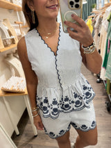 Navy Embroidered Detail Top & Shorts Set