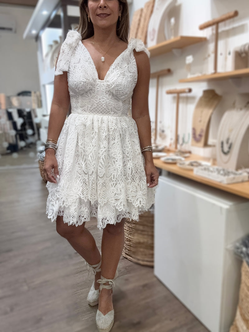 White Lace Shoulder Ties Dress